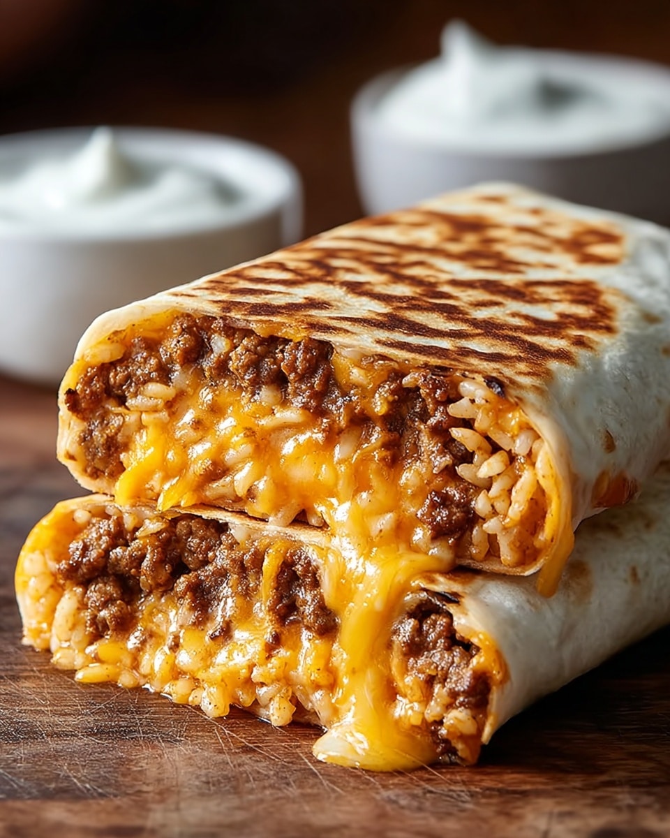 A close-up image shows a folded burrito placed on a white marbled surface, with a crisp golden brown grilled tortilla outer layer. Inside, there are three main visible layers: the bottom layer is cooked rice mixed with ground beef that is dark brown and crumbly, the middle layer is a melted bright orange cheddar cheese that oozes slightly out of the burrito, and the top layer is a small amount of white sour cream peeking through the filling. In the blurred background, a small white bowl contains extra sour cream. The burrito looks hot and freshly grilled, with some melted cheese dripping onto the surface below photo taken with an iphone --ar 4:5 --v 7