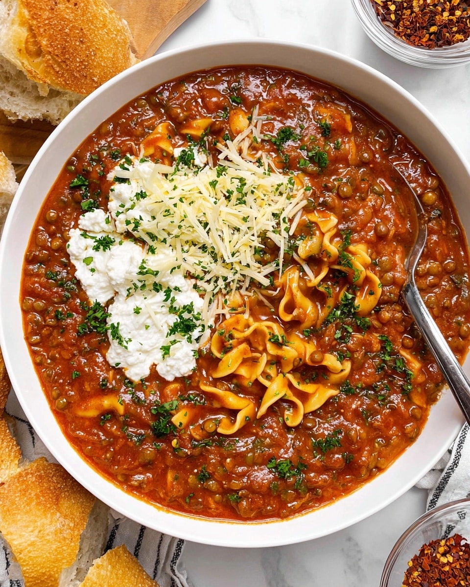 A white bowl is filled with a rich, thick red tomato sauce with visible small lentils and green herbs mixed throughout. In the sauce, there are wavy-edged pasta pieces partially covered by the sauce. On one side of the bowl, there is a pile of white ricotta cheese topped with shredded pale yellow cheese and small green chopped parsley scattered over the cheese and sauce. A shiny silver spoon rests inside the bowl. The bowl sits on a white marbled surface with a piece of sliced bread and small bowls with red chili flakes and cheese shavings nearby. photo taken with an iphone --ar 4:5 --v 7