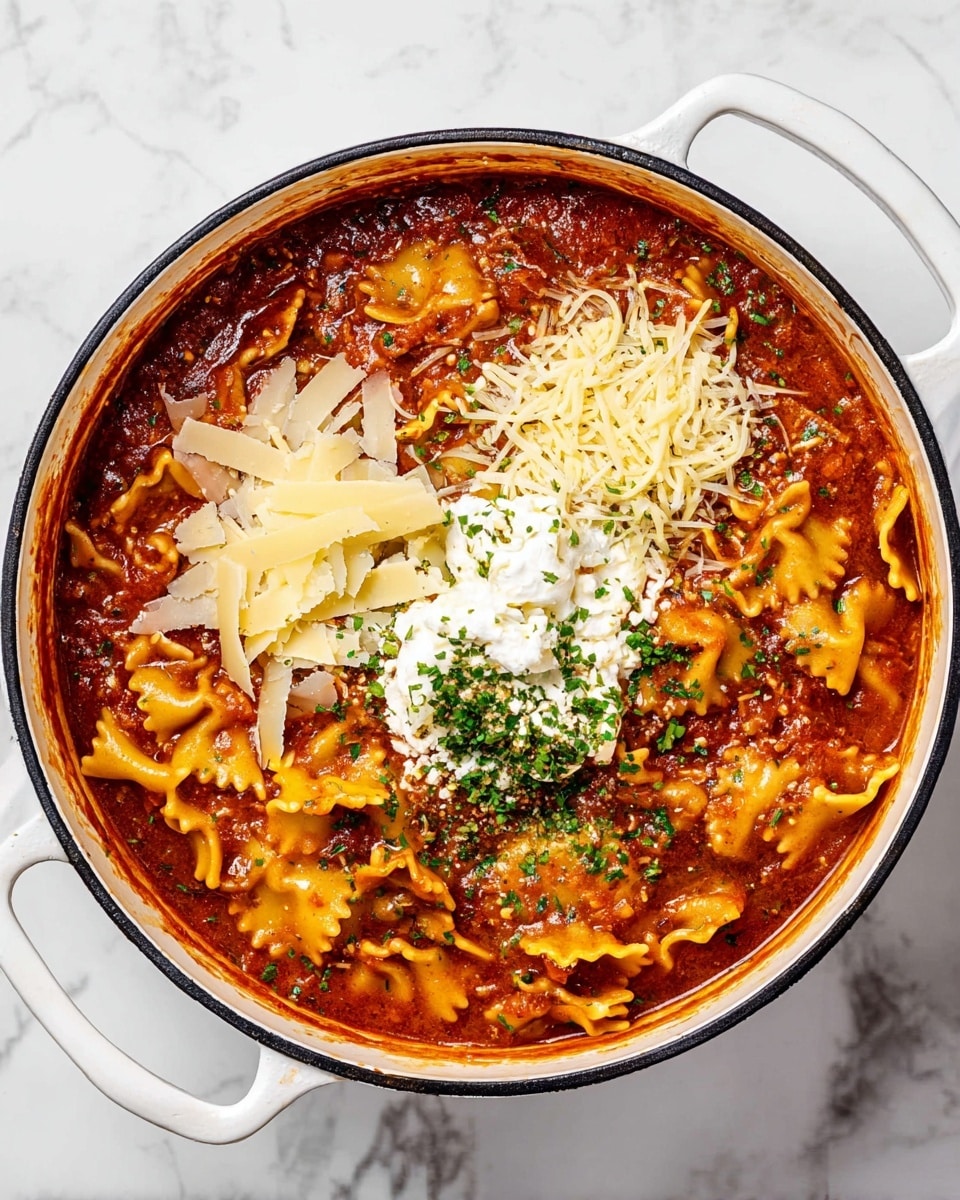 A white pot filled with thick tomato sauce that looks spicy and rich, with visible pieces of pasta having wavy edges and a yellow-orange color, mixed with green herbs. On top, there are three types of cheese: a pile of thin, pale yellow cheese shavings on the left, a heap of soft, white cheese in the middle sprinkled with chopped green herbs, and a small pile of shredded, light yellow cheese on the right. The pot is placed on a white marbled surface, showing the handles of the pot on each side. photo taken with an iphone --ar 4:5 --v 7