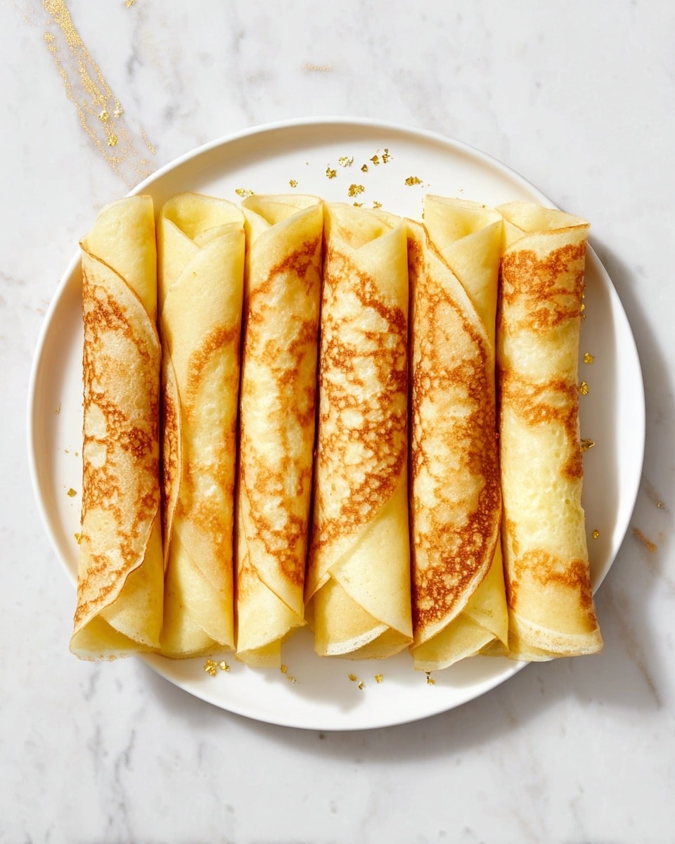 Seven thin crepes are rolled tightly and placed side by side on a white plate. Each crepe shows a golden-brown toasted pattern on the outside with lighter yellow areas, and their smooth, slightly shiny surface suggests they are lightly buttered or glazed. Tiny specks of edible gold flakes are scattered gently on top and around the crepes. The plate sits on a white marbled surface with subtle gold veins that add a touch of elegance. photo taken with an iphone --ar 4:5 --v 7