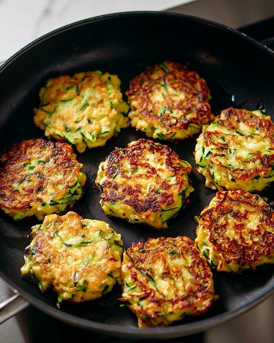 A black frying pan holds eight golden brown zucchini fritters cooking on a stove. Each fritter is round with crispy edges and shows green zucchini strands inside a golden, slightly uneven, cooked batter. The pan’s black surface contrasts with the vibrant fritters, highlighting their texture and color. The background is a soft white marbled texture. Photo taken with an iphone --ar 4:5 --v 7