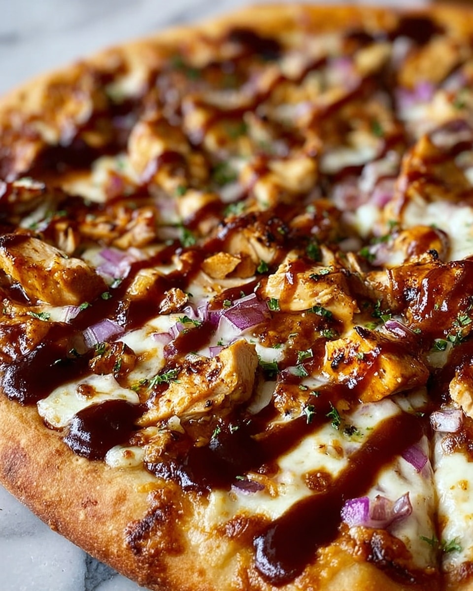 A close-up view of a pizza with a golden-brown crust as the bottom layer. On top, there is a thick layer of melted white cheese with a slightly bubbly texture. Spread over the cheese are large chunks of grilled chicken, light brown with charred edges. Small bits of purple-red onion are scattered between the chicken pieces. The top layer is a rich, dark brown barbecue sauce drizzled unevenly across the pizza. Some green herb flakes are sprinkled lightly around the chicken and onions. The pizza is shown on a white marbled surface. photo taken with an iphone --ar 4:5 --v 7