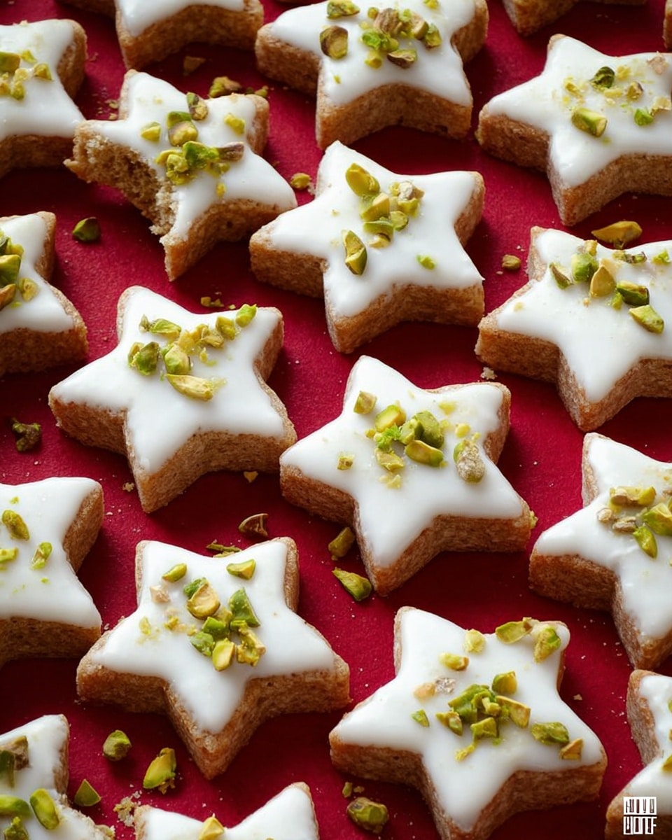 The image shows a collection of star-shaped cookies with a light brown base and a white icing layer on top. Each cookie is decorated with small pieces of green pistachios, adding both color and texture. The cookies are arranged neatly on a red surface, highlighting their festive and appealing presentation. Some cookies have small bites taken out of them, revealing their soft and crumbly interior. photo taken with an iPhone --ar 4:5 --v 7