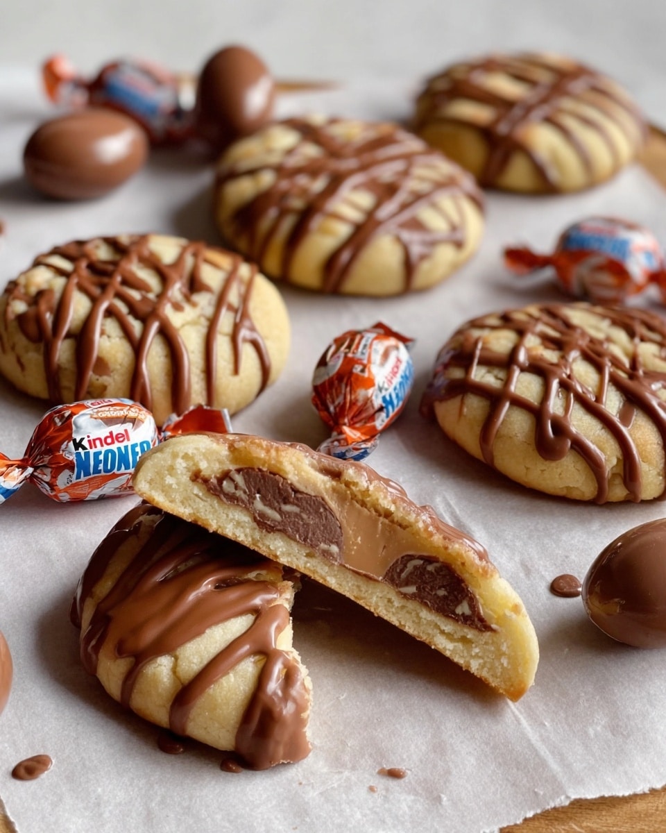 The image features several round cookies with a light golden base, drizzled generously with milk chocolate on top. Some of the cookies are whole, while one has been broken in half to reveal a rich, creamy chocolate center. Scattered around the cookies are individually wrapped Kinder Schoko-Bons chocolates, with a couple of the candies unwrapped to show their smooth milk chocolate coating and creamy filling inside. The treats are arranged on a white parchment paper, highlighting their texture and rich indulgence. Photo taken with an iPhone --ar 4:5 --v 7