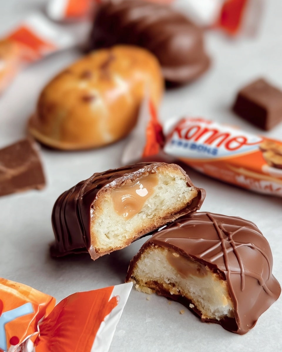 The image shows a close-up of a Kinder Schoko-Bons treat, presenting both whole and a halved piece to reveal its creamy hazelnut filling encased in a soft biscuit and coated with milk chocolate. The candy is wrapped in distinctive white and orange packaging, adding a pop of color to the neutral background. Multiple pieces are scattered around, including some whole and partially unwrapped candies, giving an inviting glimpse into the rich texture and layers of the confection. Photo taken with an iPhone --ar 4:5 --v 7