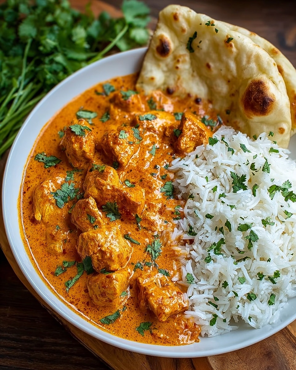 The image shows a plate of Indian cuisine featuring creamy butter chicken curry with tender chunks of chicken coated in a rich, orange-colored sauce, garnished with fresh cilantro. Alongside the curry, there is a serving of fluffy white basmati rice sprinkled with finely chopped herbs. A piece of golden-brown naan bread is partially visible resting on the edge of the plate. The dish is presented on a white plate placed on a wooden surface, with fresh green cilantro leaves off to the side. photo taken with an iPhone --ar 4:5 --v 7