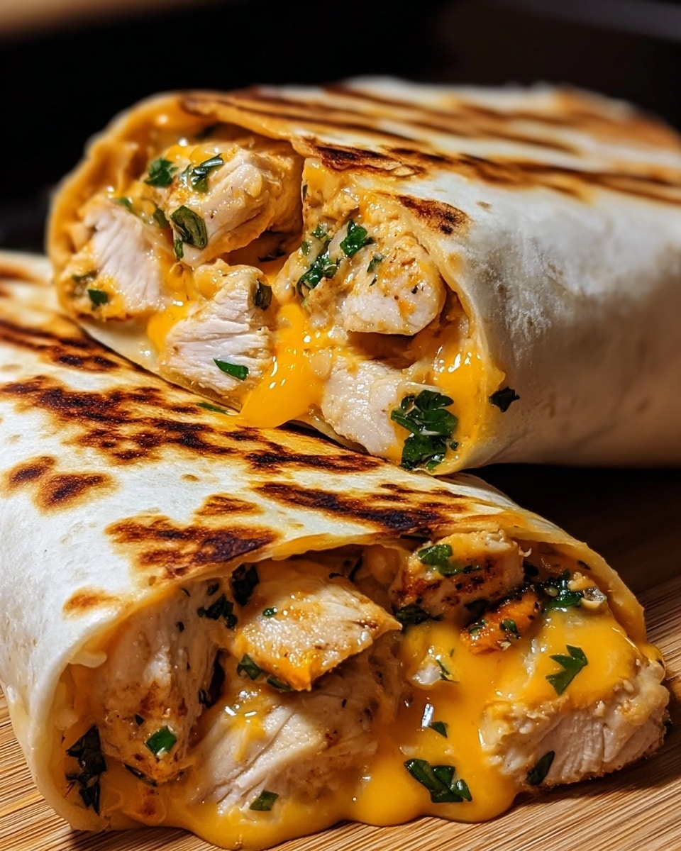 This image shows a close-up of a delicious grilled chicken wrap cut in half, revealing tender pieces of grilled chicken mixed with melted, gooey cheddar cheese and fresh chopped herbs inside a lightly toasted tortilla. The golden cheese oozes out slightly, complementing the juicy chicken and vibrant greens, creating an inviting and appetizing meal. The slight char marks on the tortilla add a subtle smoky flavor and texture contrast. photo taken with an iPhone --ar 4:5 --v 7