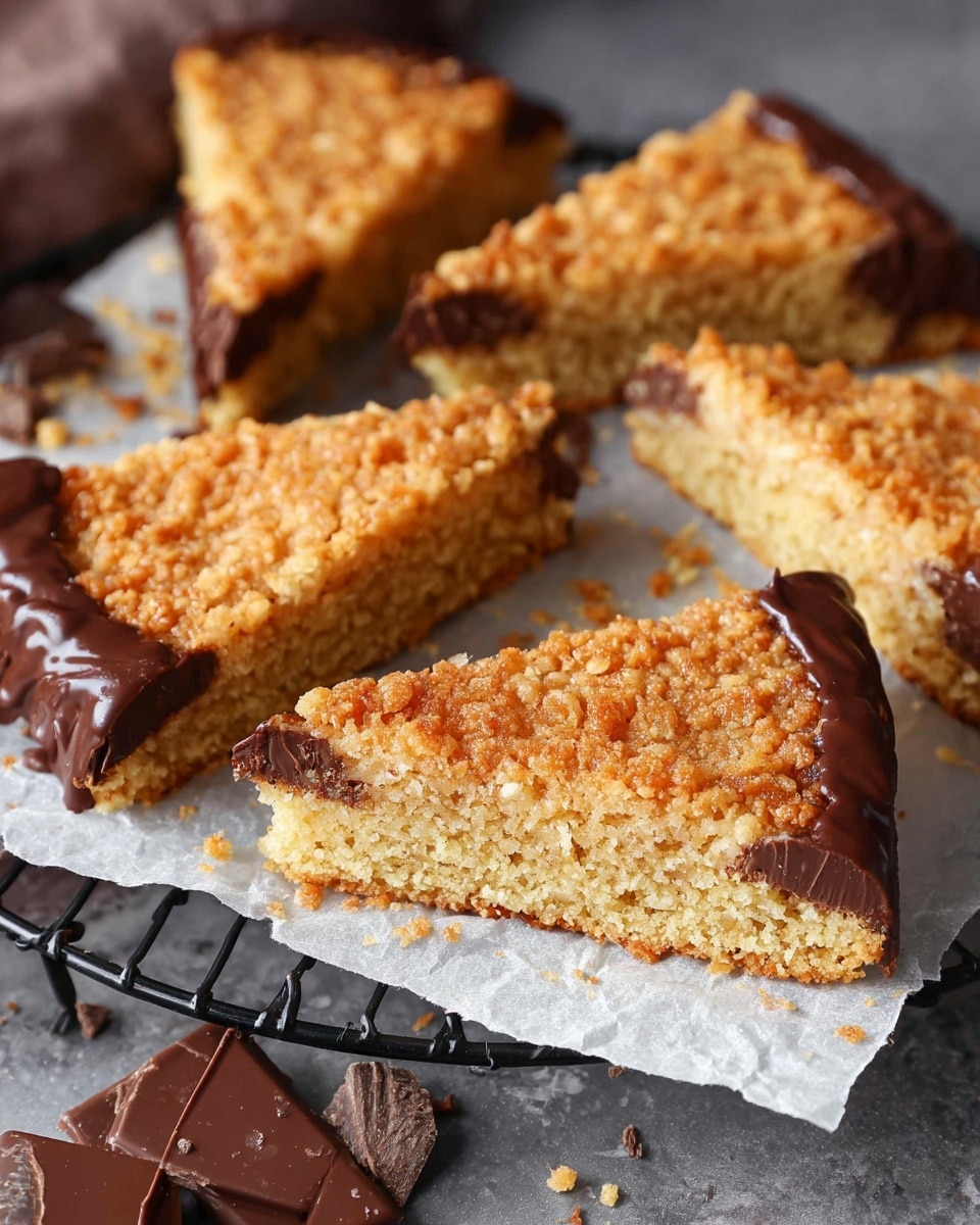 The image showcases several triangular slices of a crumbly, golden brown dessert with a textured top layer, resembling a cake or bar. Each piece has two corners dipped in rich, dark chocolate, adding an appealing contrast in color and texture. The dessert sits on a piece of parchment paper atop a black cooling rack, with a few scattered chocolate chunks nearby, enhancing the overall inviting presentation. The crumbly and moist interior suggests a delightful balance of crunch and softness in each bite. photo taken with an iPhone --ar 4:5 --v 7