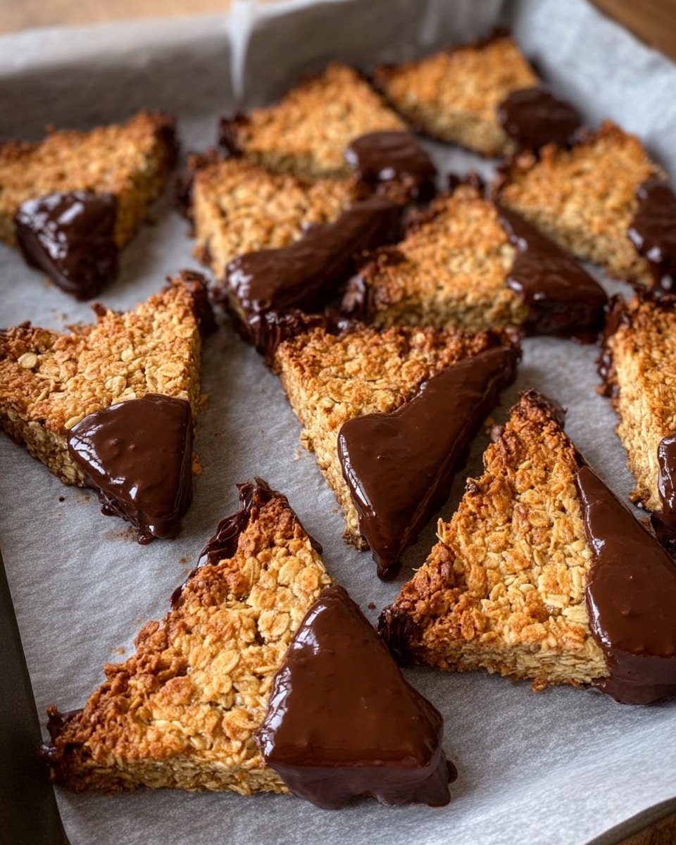 The image shows a tray of triangular-shaped baked treats, likely oat-based bars, that have been half-dipped in rich, melted chocolate. The bars have a golden-brown, crispy top texture with oats visible, suggesting a wholesome and crunchy bite. The chocolate coating adds a glossy, decadent finish, enhancing the appeal of these sweet snacks. They are arranged neatly on a baking sheet lined with parchment paper, ready to be served or enjoyed. Photo taken with an iPhone --ar 4:5 --v 7