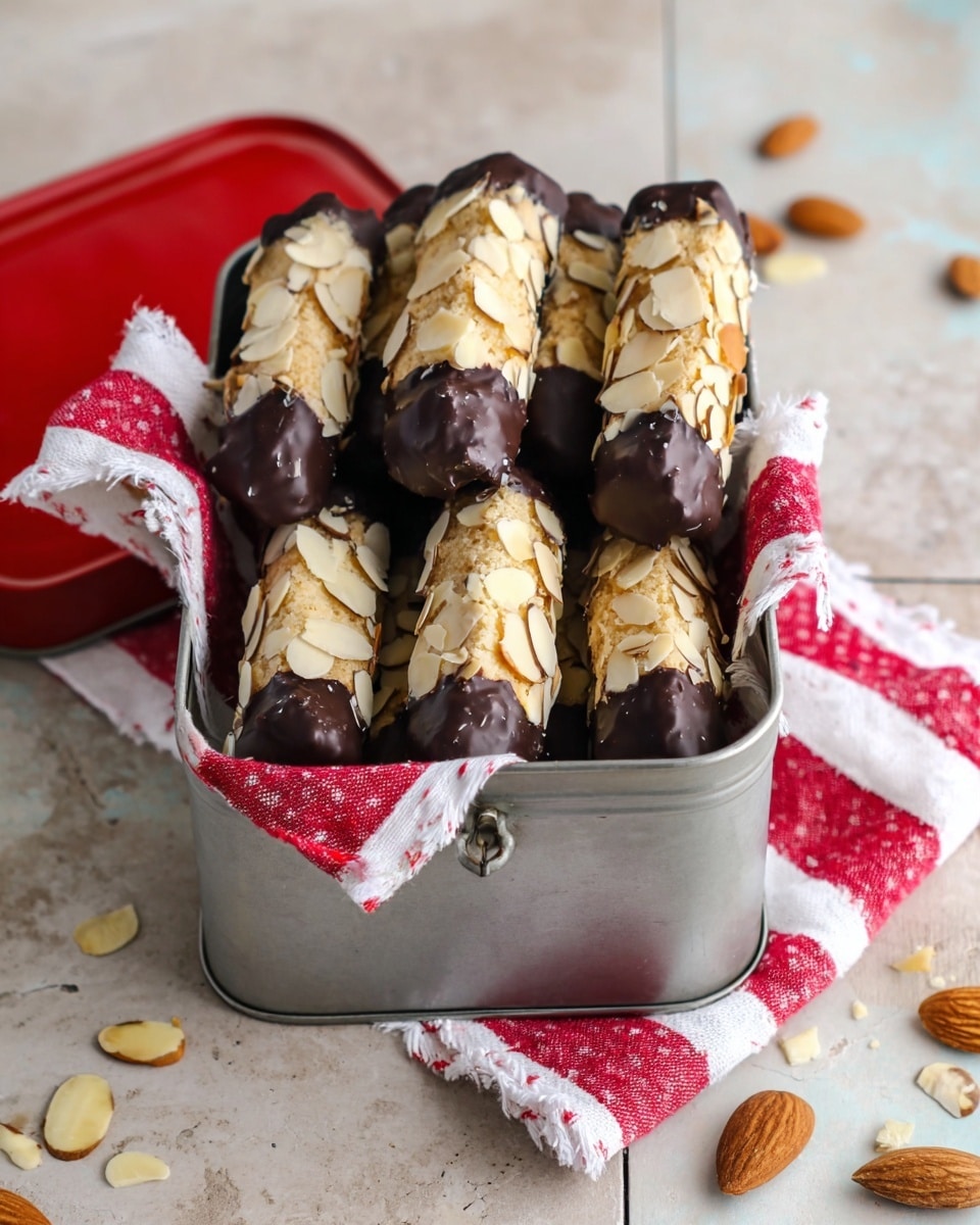 The image shows a metal tin filled with almond cookies that are partially dipped in dark chocolate. The cookies are cylindrical in shape, generously coated with sliced almonds on the outside, and have a rich chocolate coating at both ends. The tin is placed on a red-and-white striped cloth, adding a festive touch to the presentation. Scattered almond slices can be seen around the tin on a light-colored tiled surface, enhancing the rustic and inviting feel of the scene. photo taken with an iPhone --ar 4:5 --v 7