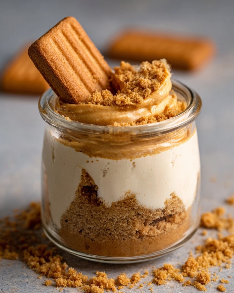 The image showcases a delicious dessert served in a clear glass jar. It appears to be a layered treat with a crumbly biscuit or cookie base topped with a creamy, smooth filling. The dessert is garnished with crushed cookie crumbs and finished with a whole rectangular biscuit standing upright in the cream. The colors are warm and inviting, highlighting the textures of the crunchy crumbs and velvety cream. Photo taken with an iPhone --ar 4:5 --v 7