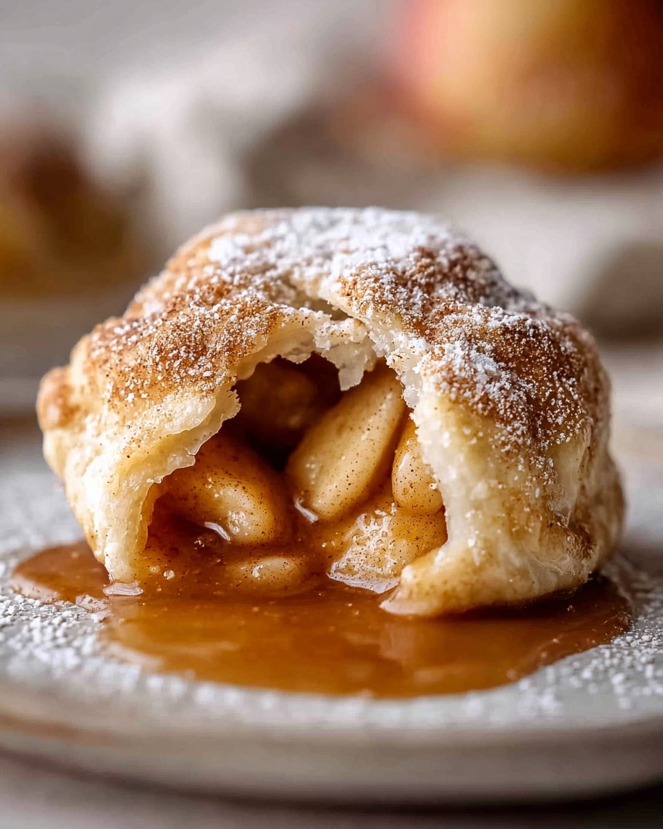 The image showcases a close-up of a freshly baked apple dumpling, revealing a soft, flaky pastry crust dusted with powdered sugar and a hint of cinnamon. The dumpling is partially broken open, allowing the warm, cinnamon-spiced apple filling and rich caramel sauce to ooze out invitingly onto the plate beneath. The background is softly blurred, drawing focus to the tempting dessert's textures and colors, evoking a cozy, homemade feel. photo taken with an iPhone --ar 4:5 --v 7