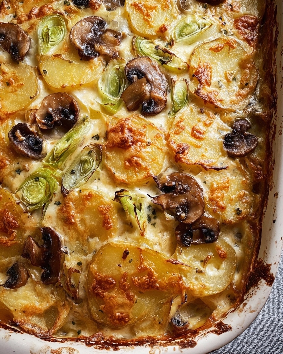 The image shows a deliciously baked casserole featuring golden-brown potato slices, tender mushroom pieces, and green leek rings all enveloped in a creamy, cheesy sauce. The top has a slightly crispy texture with hints of caramelization around the edges, indicating it was baked to perfection. The harmonious combination of vegetables and rich sauce gives the dish a hearty and comforting appeal. Photo taken with an iPhone --ar 4:5 --v 7