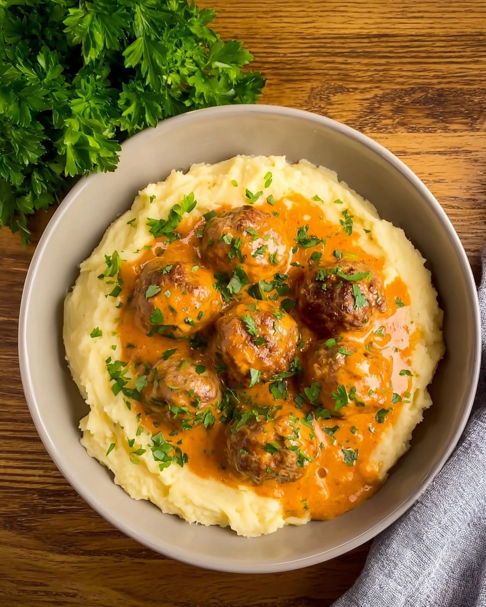 This image features a comforting plate of creamy mashed potatoes topped with tender meatballs smothered in a rich, orange-hued sauce. The meatballs are garnished with chopped fresh herbs, adding a touch of color and freshness to the dish. On the side, a bunch of fresh green parsley adds a pop of vibrant green to the warm-toned wooden surface, enhancing the overall inviting presentation. The texture of the mashed potatoes looks smooth and fluffy, contrasting nicely with the thick, savory sauce coating the meatballs. photo taken with an iPhone --ar 4:5 --v 7
