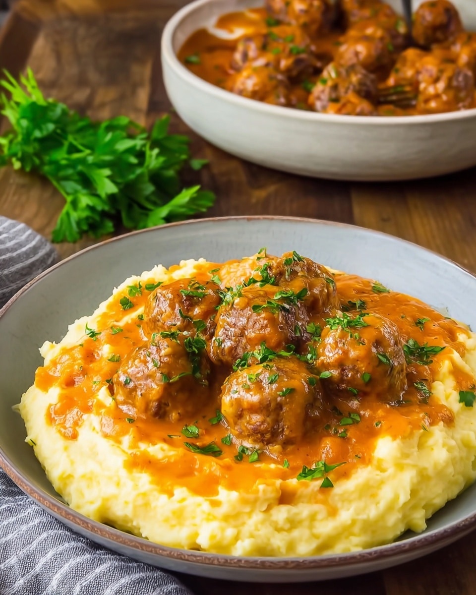 The image showcases a comforting plate of creamy mashed potatoes topped with tender meatballs generously coated in a rich, orange-hued sauce. The dish is garnished with freshly chopped herbs, adding a touch of vibrant green contrast. In the background, a bowl filled with more meatballs and sauce hints at a hearty serving with a rustic, home-cooked appeal. A sprig of fresh parsley lies on the wooden table, enhancing the visual freshness of the meal. photo taken with an iPhone --ar 4:5 --v 7