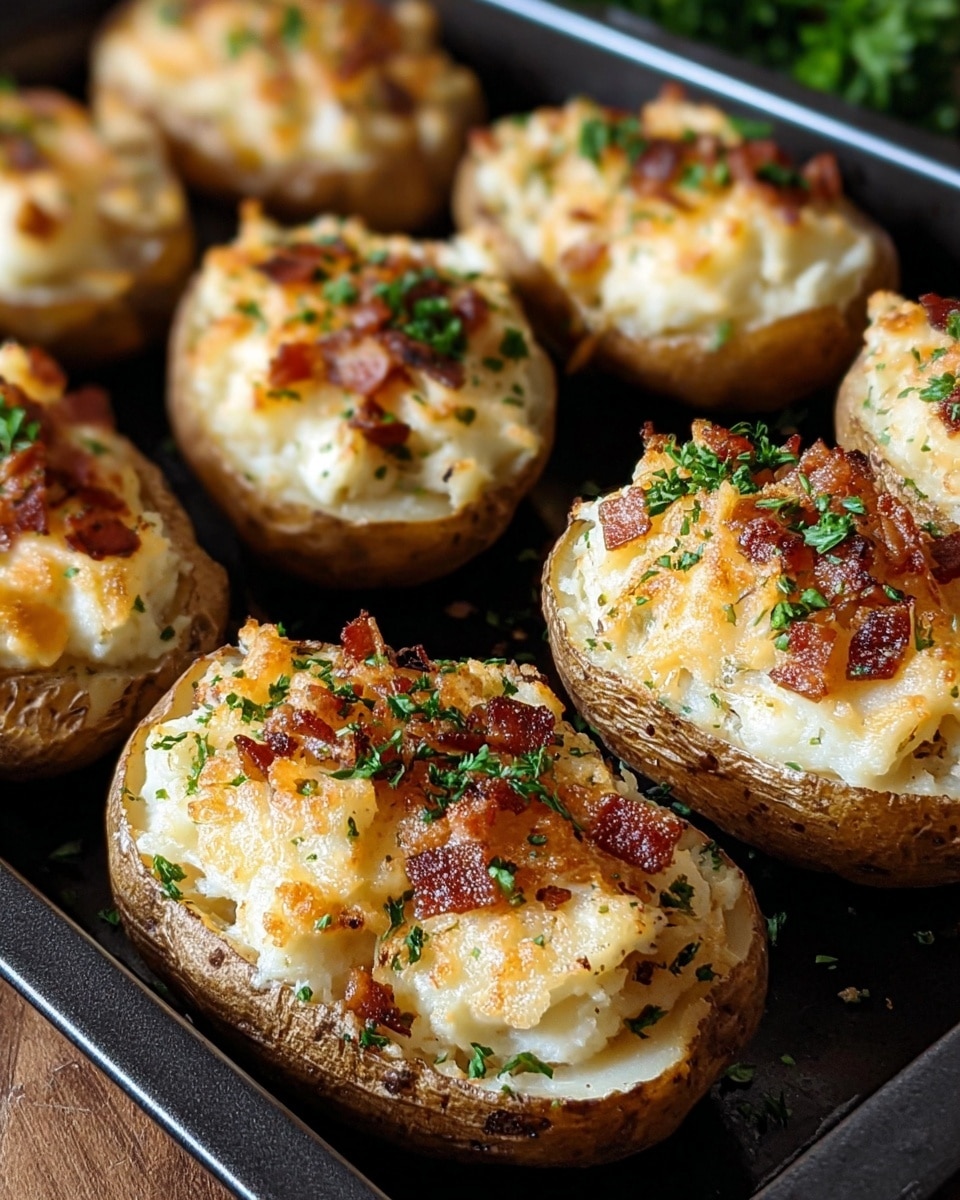 The image shows a batch of twice-baked potatoes arranged in a dark baking tray. Each potato half is filled with creamy, whipped mashed potato, topped with crispy bits of bacon and sprinkled with finely chopped fresh parsley. The potato skins appear golden and slightly crispy, perfectly complementing the smooth and cheesy filling inside. The overall presentation is rustic yet appetizing, with a variety of textures and colors that enhance the visual appeal. photo taken with an iPhone --ar 4:5 --v 7
