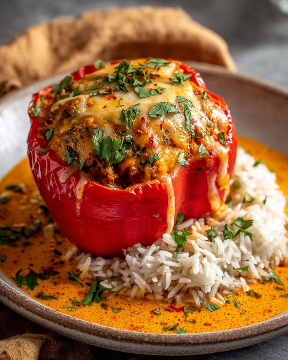 This image showcases a vibrant stuffed red bell pepper filled with a savory mixture, topped with melted cheese and garnished with fresh herbs. The pepper sits on a bed of fluffy white rice, all surrounded by a rich, creamy orange sauce that appears to be infused with spices. The dish is presented on a rustic, round plate with a warm, textured cloth napkin partially visible in the background, enhancing the comforting and appetizing feel of the meal. photo taken with an iPhone --ar 4:5 --v 7