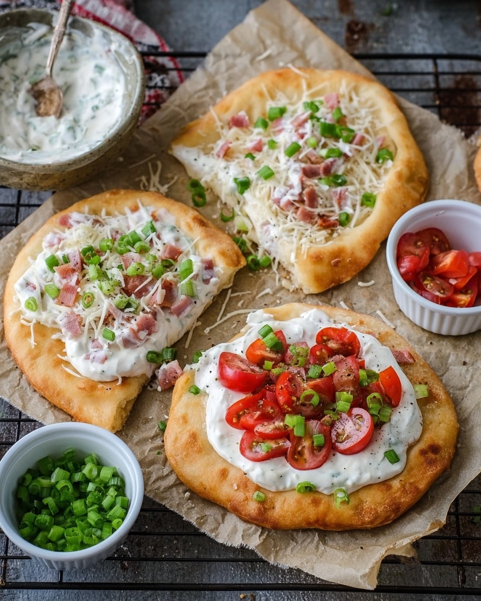 The image showcases three pieces of fried flatbread topped with various creamy mixtures and garnishes. The flatbreads have a golden-brown crust and are generously covered with white cream-based sauces, shredded cheese, and finely chopped ingredients such as ham and green onions. One of the pieces is adorned with halved cherry tomatoes and green onion slices, creating a fresh and colorful contrast. Small ramekins containing additional chopped tomatoes and green onions are also visible around the flatbreads, suggesting these toppings can be added according to taste. The setting is casual, with the flatbreads placed on parchment paper over a wire rack, highlighting a rustic presentation. photo taken with an iPhone --ar 4:5 --v 7