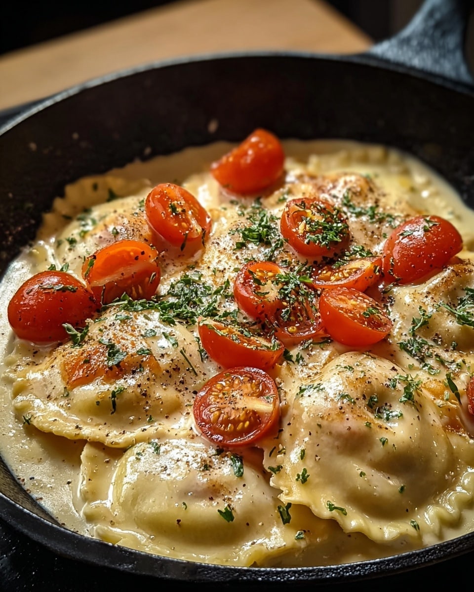 This image showcases a delicious pan of ravioli covered in a creamy sauce, garnished with halved cherry tomatoes and sprinkled with chopped herbs and freshly ground black pepper. The vibrant red tomatoes add a pop of color against the smooth, rich sauce and the tender pasta, making the dish visually appealing and appetizing. The combination of creamy texture and fresh ingredients hints at a flavorful and comforting meal. photo taken with an iPhone --ar 4:5 --v 7