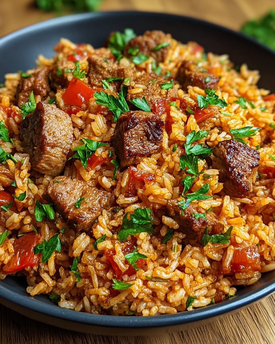 The image shows a vibrant plate of cooked rice mixed with tender, browned chunks of meat and diced tomatoes, seasoned to create a flavorful and hearty dish. The rice appears to be well-coated with a reddish seasoning or sauce, enhancing its appetizing look, while fresh chopped parsley is sprinkled on top, adding a pop of green color and freshness to the presentation. The dish is served in a dark bowl, set against a wooden surface, highlighting the warm tones of the meal. Photo taken with an iPhone --ar 4:5 --v 7