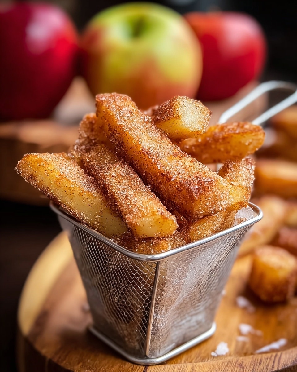 This image shows a serving of crispy apple fries coated with a generous sprinkle of cinnamon sugar, placed in a small metal basket set on a wooden board. The golden-brown fries look perfectly fried, with a sugary, spiced crust that hints at a sweet and crunchy treat. In the background, slightly out of focus, are several red and yellow apples, suggesting the fresh apple origin of the fries. The overall presentation conveys a warm, inviting dessert snack that combines the comforting flavors of apple, cinnamon, and sugar. photo taken with an iPhone --ar 4:5 --v 7