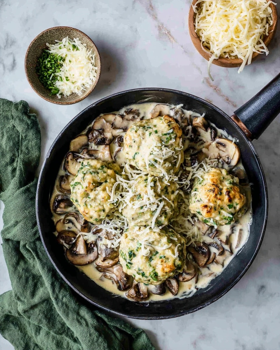 The image shows a black pan filled with savory spinach dumplings generously coated in a creamy mushroom sauce, garnished with finely grated cheese on top. The creamy sauce includes sliced mushrooms and small herbs, enhancing the dish's rich texture and earthy flavors. The pan is set on a white marble countertop with a green cloth napkin underneath and a small bowl of extra grated cheese nearby, ready to be added for more flavor. The overall presentation is inviting and highlights a comforting, hearty meal. photo taken with an iPhone --ar 4:5 --v 7