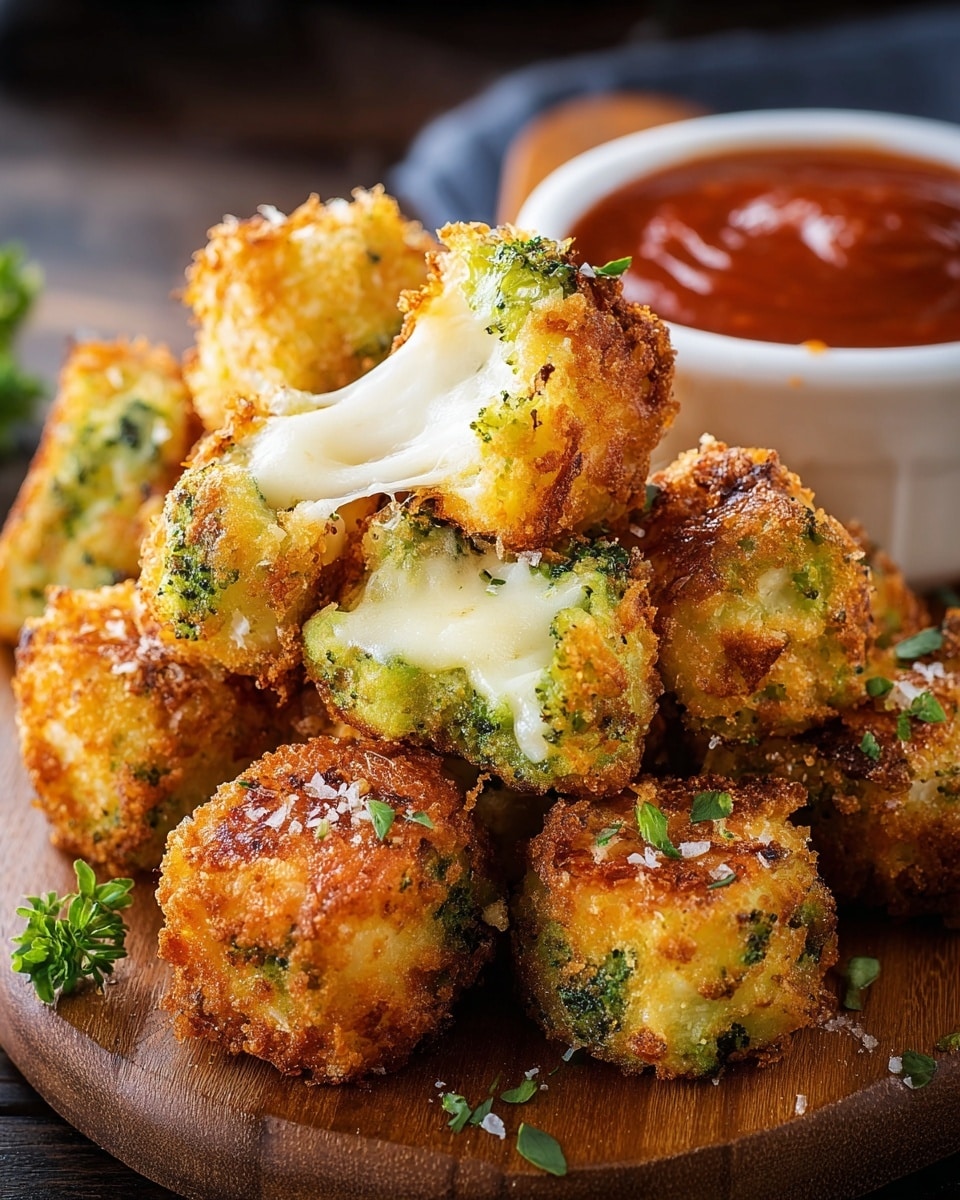 The image features a delightful serving of crispy, golden-brown fried broccoli bites filled with melted cheese, with some pieces showing the gooey cheese stretching enticingly. These crunchy treats are arranged on a wooden board, accompanied by a small bowl of rich, red dipping sauce in the background, adding to the appetizing appeal of the dish. The texture and vibrant colors make the snack look both satisfying and flavorful. photo taken with an iPhone --ar 4:5 --v 7