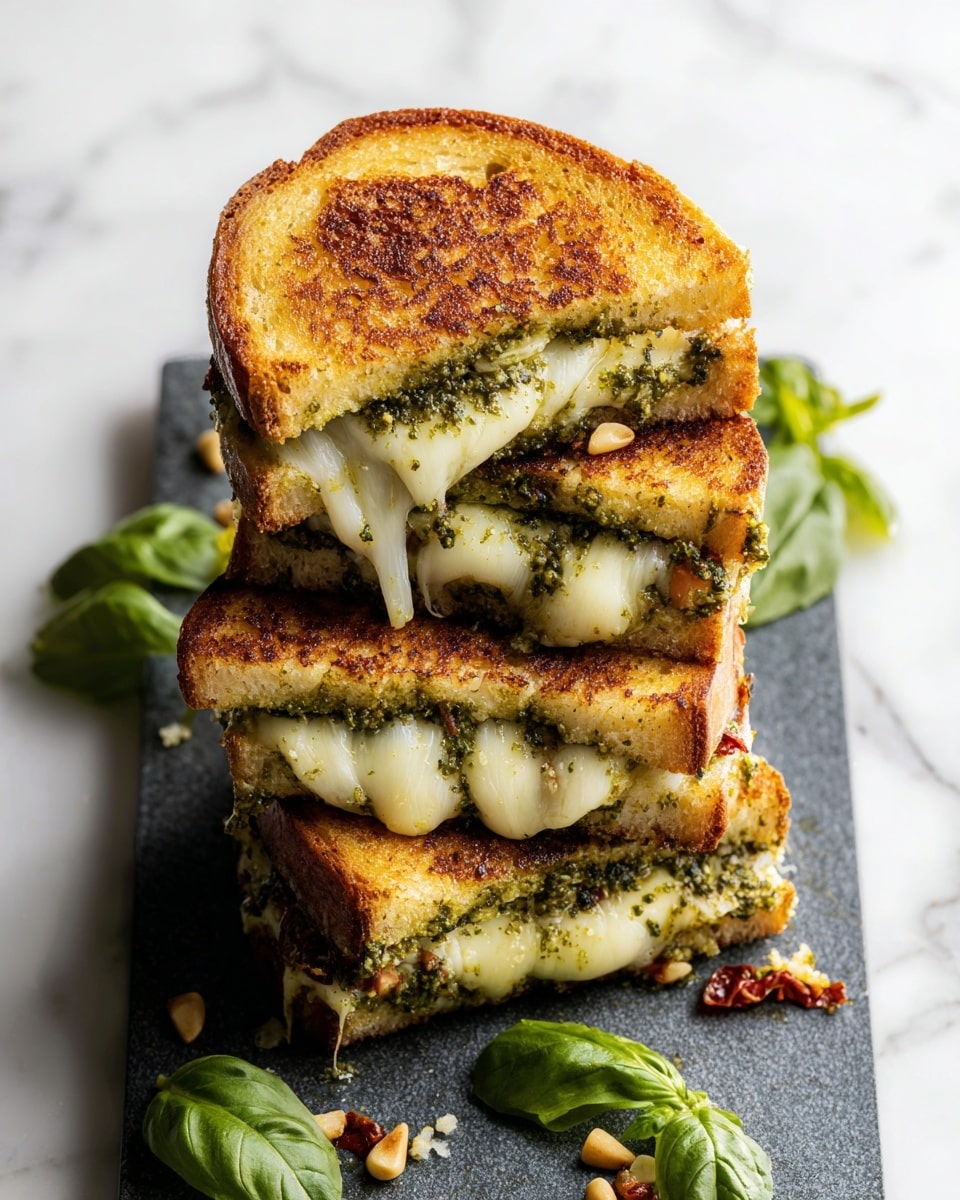 Three grilled cheese sandwich halves are stacked unevenly on a rectangular dark slate board placed on a white marbled surface. Each sandwich has two layers of golden brown toasted bread with a crunchy texture. Inside the bread is a layer of melted white cheese stretching out from the top sandwich, a layer of green pesto spread mixed with small pieces of sun-dried tomatoes, and scattered pine nuts. Fresh green basil leaves decorate the top of the sandwiches and the marbled surface around them. Photo taken with an iphone --ar 4:5 --v 7