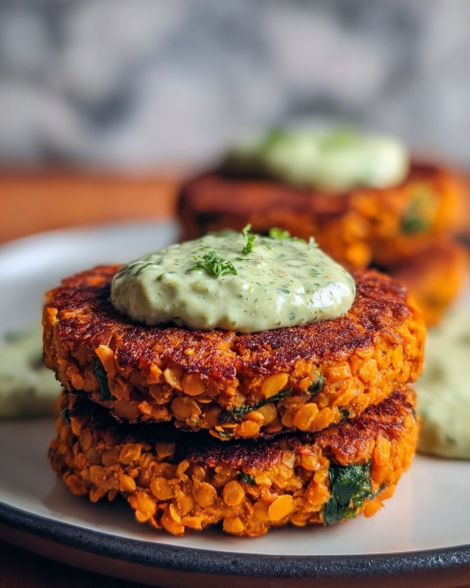 The image shows three thick, round orange lentil patties stacked on a white plate with a dark inner surface. The patties have a slightly crispy, browned exterior with visible lentil texture and green spinach pieces embedded inside. On top of the middle patty, there is a generous dollop of light green, creamy sauce with specks of herbs visible throughout. The background is softly blurred, featuring a white marbled texture surface. photo taken with an iphone --ar 4:5 --v 7