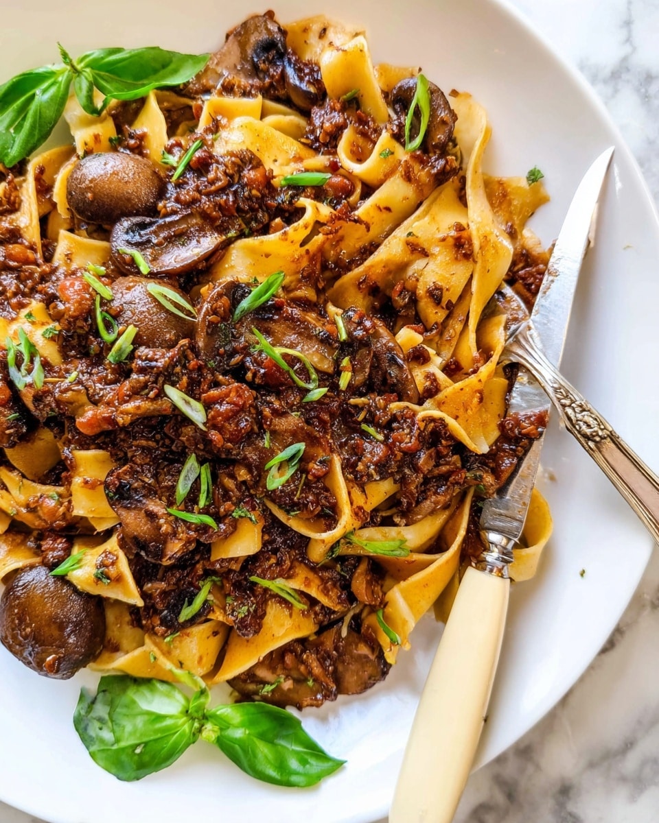 A close-up view of a pasta dish served on a white plate, featuring wide flat noodles mixed with a dark brown, chunky sauce covering most of the pasta. The sauce has visible small pieces, likely meat or mushrooms, and wraps around the noodles in irregular layers. Whole cooked mushrooms are scattered on the side near fresh green basil leaves and chopped green onions sprinkled over the top. A cream-handled knife rests on the right side of the plate, partially under the noodles and sauce. The background shows a white marbled texture. Photo taken with an iphone --ar 4:5 --v 7