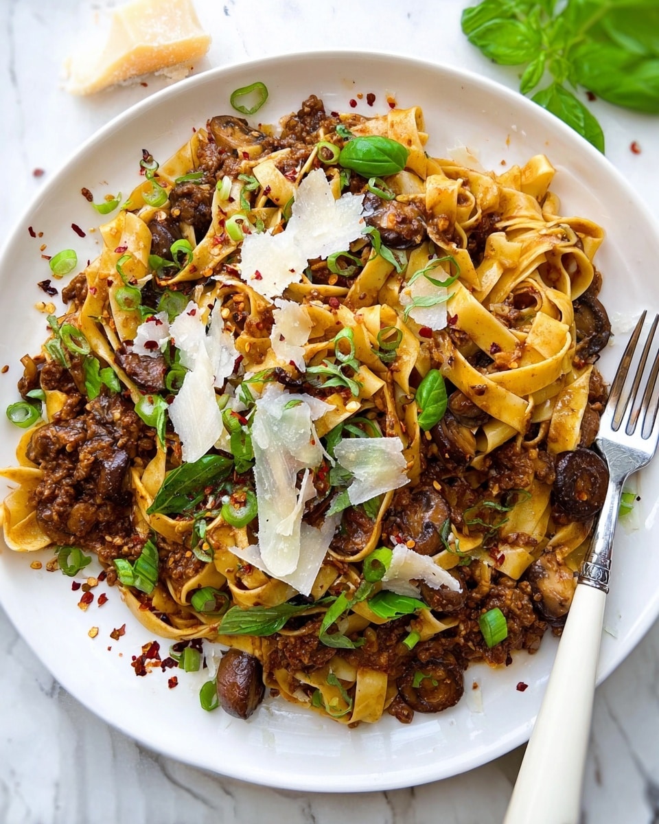 A white plate filled with wide, flat pasta noodles mixed with a dark brown meat sauce, scattered with whole cooked mushrooms and small green onion slices. Fresh bright green basil leaves are spread on top, along with thin white shavings of cheese. Some red chili flakes are sprinkled around the dish on the plate's edge. A white-handled fork rests inside the pasta on the right side. The whole plate sits on a white marbled surface. photo taken with an iphone --ar 4:5 --v 7