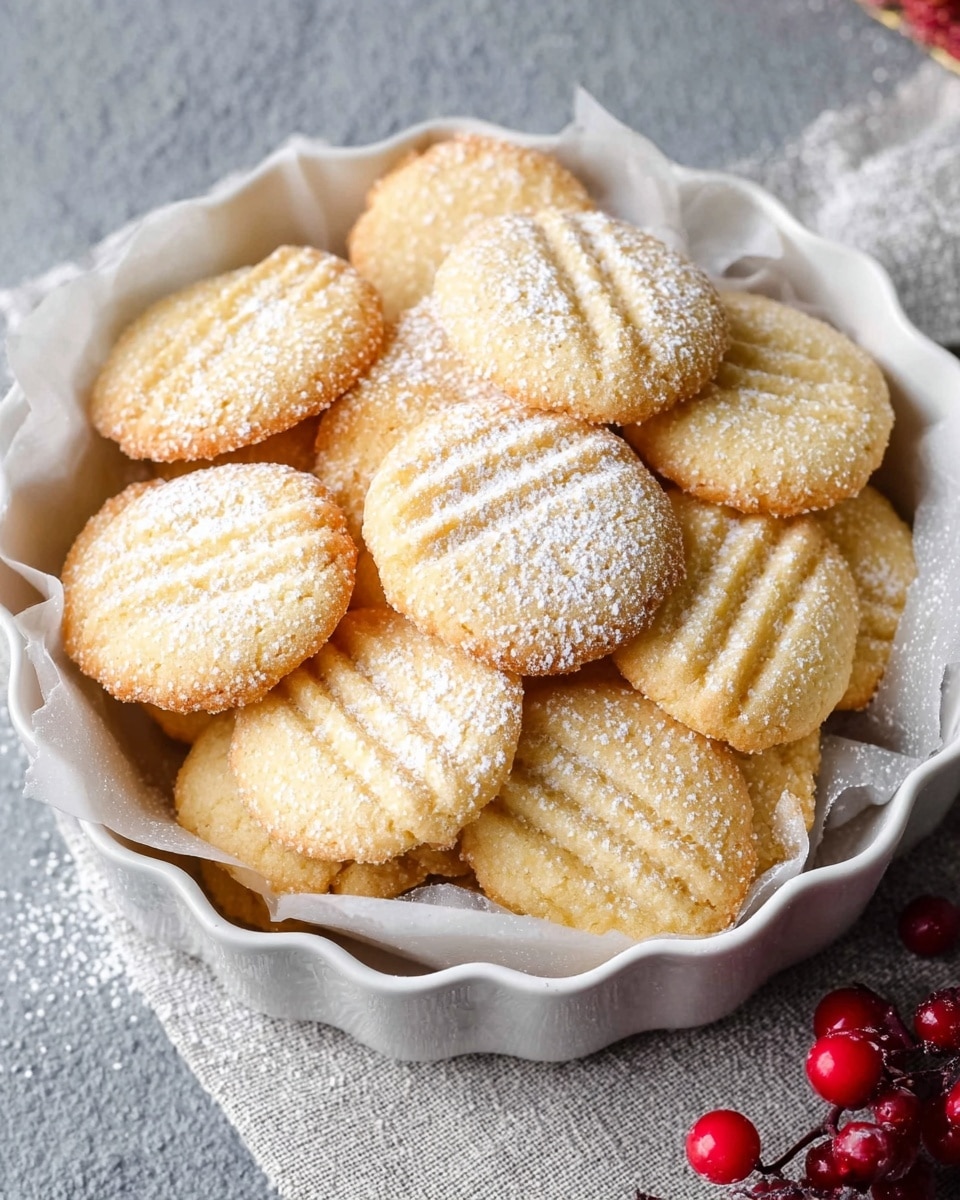 The image shows a bowl filled with golden-brown, round cookies that have been lightly dusted with powdered sugar. The cookies have a slightly crumbly texture with visible fork marks on their surface, suggesting they might be butter or shortbread cookies. They are arranged casually in a white, scalloped-edged bowl lined with parchment paper. The bowl is placed on a gray textured surface with a light-colored cloth underneath, and some red berries can be seen at the bottom right corner, adding a festive touch. Photo taken with an iPhone --ar 4:5 --v 7