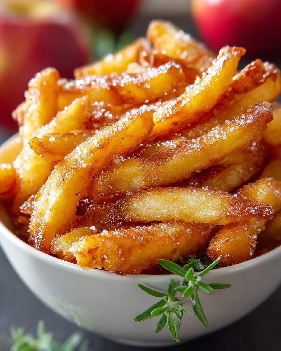 The image features a bowl filled with golden-brown, crispy apple fries that have a light dusting of sugar, giving them a sweet and crunchy appearance. The fries look perfectly fried with a glistening texture, suggesting a delightful combination of soft inside and crispy outside. A small sprig of green herb is placed on the edge of the bowl, adding a touch of color contrast against the warm tones of the apple fries. In the blurred background, red apples can be seen, hinting at the fresh ingredient used in the dish, making it visually appealing and appetizing. Photo taken with an iPhone --ar 4:5 --v 7
