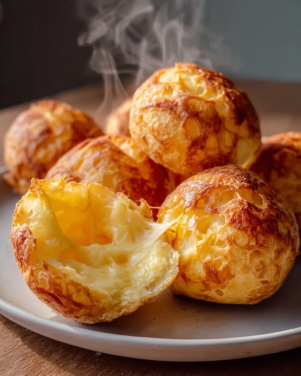 The image shows a plate of warm, golden-brown cheese bread rolls, with one prominently torn open to reveal its soft, gooey, and melty cheesy interior. Wisps of steam rise from the freshly baked bread, emphasizing its warmth and freshness. The outside has a perfectly baked, slightly crispy texture, while the inside looks airy and full of melted cheese, making it an inviting and delicious snack. photo taken with an iPhone --ar 4:5 --v 7