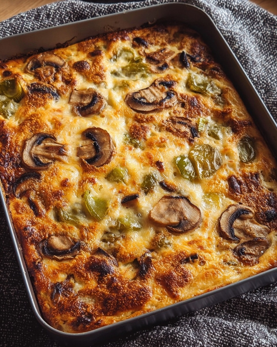 This image features a freshly baked casserole dish with a golden-brown, bubbly cheese crust. Scattered throughout are sliced mushrooms and pieces of green vegetables, adding color and texture to the creamy, rich surface. The edges of the casserole appear nicely caramelized, indicating a perfect bake, set in a square metal baking pan on a textured cloth. The inviting combination suggests a hearty and comforting meal, full of savory flavors. photo taken with an iPhone --ar 4:5 --v 7