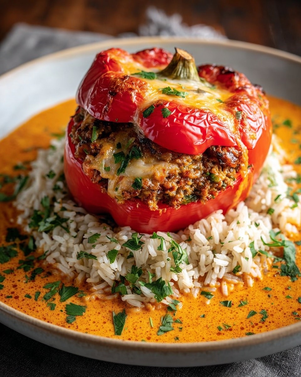 The image shows a vibrant and appetizing dish featuring a perfectly roasted red bell pepper stuffed with a savory mixture of ground meat and herbs, topped with melted, slightly browned cheese. The stuffed pepper sits on a bed of fluffy white rice garnished with chopped fresh parsley, adding a pop of green color and freshness. Surrounding the rice and pepper is a rich, creamy, orange-hued sauce that makes the dish look even more inviting and flavorful. The overall presentation is warm and rustic, enhanced by the soft natural lighting that highlights the textures and colors beautifully. Photo taken with an iPhone --ar 4:5 --v 7