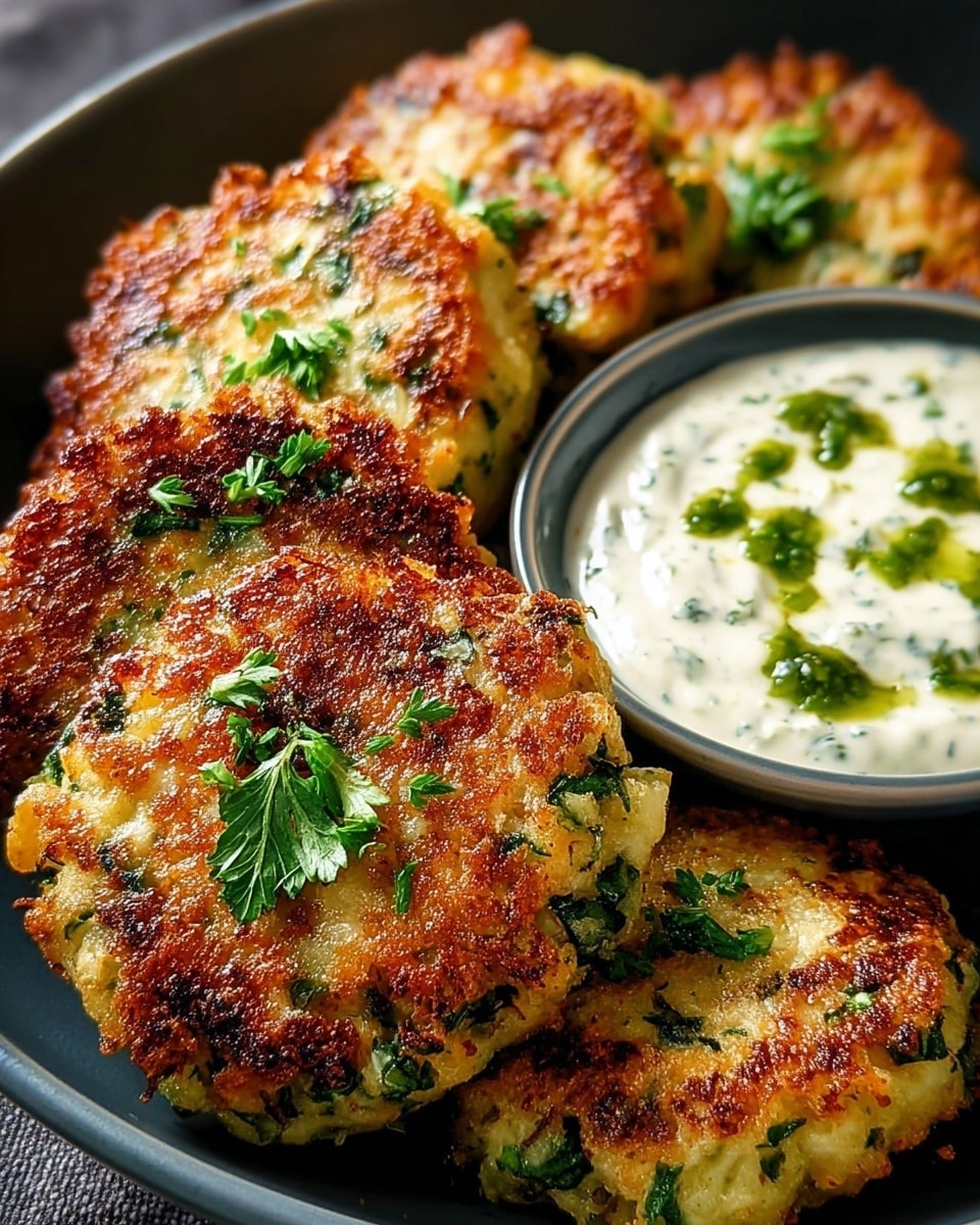The image showcases a close-up of several golden-brown, crispy patties garnished with fresh green herbs. These patties appear to be made with finely chopped greens and possibly cheese or potatoes, giving them a textured, hearty look. Accompanying the patties is a small bowl of creamy white dipping sauce, speckled with herbs and topped with a drizzle of green oil or pesto for added flavor and visual appeal. The dish is presented in a dark bowl, which contrasts nicely with the vibrant colors of the food, making it look appetizing and fresh. photo taken with an iPhone --ar 4:5 --v 7