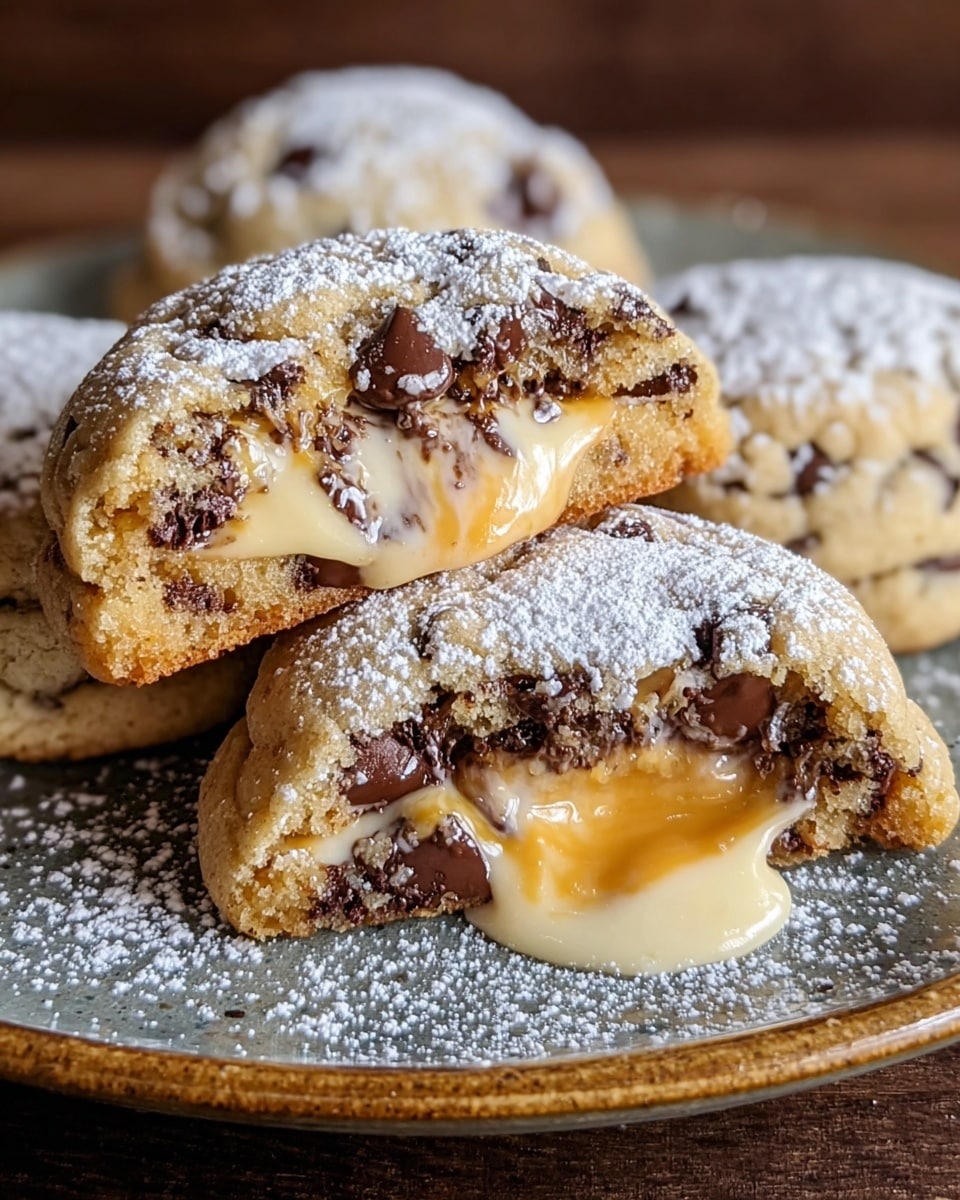 The image shows a close-up of delicious chocolate chip cookies dusted with powdered sugar. One cookie is broken open to reveal a gooey, melted filling inside that appears to be a creamy custard mixed with caramel and chocolate chips, oozing out enticingly. The cookies rest on a rustic ceramic plate, highlighting their soft texture and rich, indulgent centers. Photo taken with an iPhone --ar 4:5 --v 7