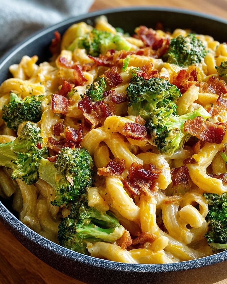 The image showcases a delicious bowl of creamy pasta mixed with vibrant green broccoli florets and topped with crispy bacon bits. The pasta is coated in a rich, cheesy sauce, giving it a mouthwatering golden hue. The contrasting colors of the green broccoli and reddish-brown bacon create an appealing visual texture, making the dish look hearty and appetizing. The bowl is set on a wooden surface, suggesting a cozy, homemade meal ready to be enjoyed. photo taken with an iPhone --ar 4:5 --v 7