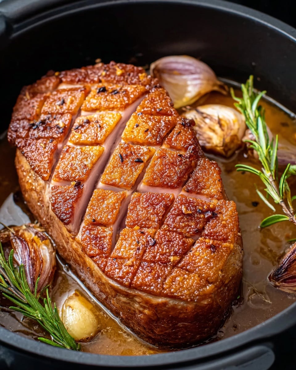 The image shows a perfectly cooked piece of meat, likely duck breast, with a beautifully crispy, golden-brown skin that has been scored in a crisscross pattern. The meat is tender and juicy, with a slightly pink interior indicating it has been cooked to medium doneness. It rests in a black pan with a flavorful broth or sauce, accompanied by roasted garlic cloves and a sprig of fresh rosemary, enhancing the dish's aroma and taste. The overall presentation is rustic yet appetizing, capturing the essence of a well-executed home-cooked meal. photo taken with an iPhone --ar 4:5 --v 7