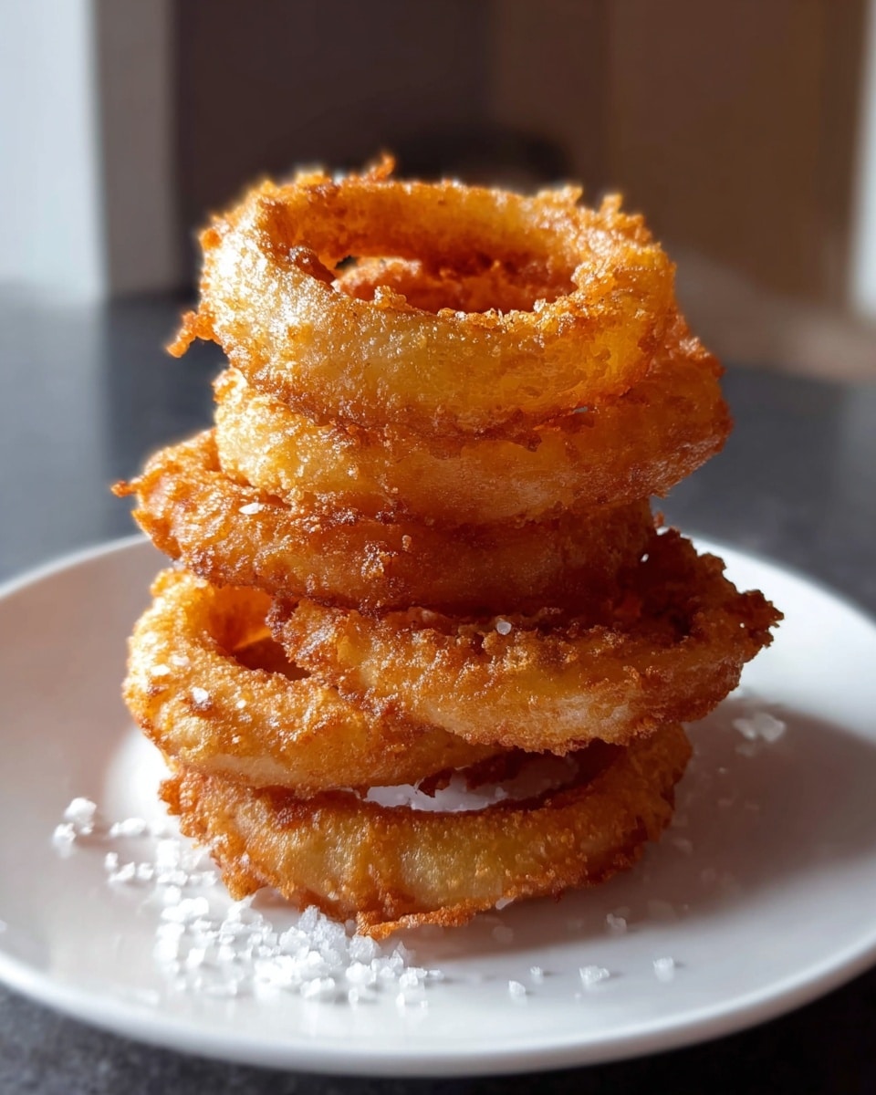 The image showcases a stack of golden, crispy onion rings arranged neatly on a white plate. The onion rings have a perfectly fried texture with a crunchy outer batter that glistens slightly under the light. A few grains of coarse salt are sprinkled around the base on the plate, enhancing the visual appeal and hinting at the savory flavor. The background is softly blurred, putting full focus on the appetizing onion rings, inviting the viewer to enjoy this classic snack. photo taken with an iPhone --ar 4:5 --v 7
