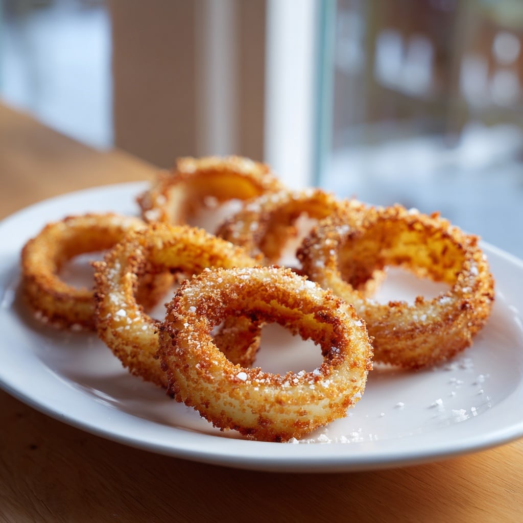 The image shows a stack of golden-brown, crispy onion rings placed on a white plate. The onion rings are perfectly fried to a crunchy texture with some sprinkled salt adding an extra layer of flavor. The plate is set on a wooden table near a window, allowing natural light to highlight the appetizing details and create a warm, inviting atmosphere. The background is softly blurred, drawing full attention to the deliciously crispy onion rings. photo taken with an iPhone --ar 4:5 --v 7