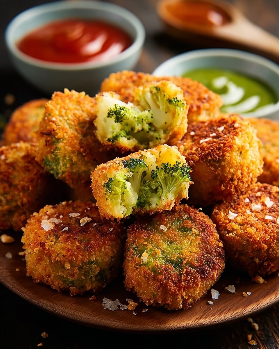 The image shows a plate of crispy, golden-brown broccoli nuggets, each coated in a crunchy breading. One nugget is broken open to reveal tender, green broccoli inside, contrasting with the crunchy exterior. The plate is garnished with small seasoning flakes, and two dipping sauces are placed in the background, one red and the other green, adding vibrant colors to the scene. The overall presentation is inviting and suggests a delicious snack or appetizer. photo taken with an iPhone --ar 4:5 --v 7