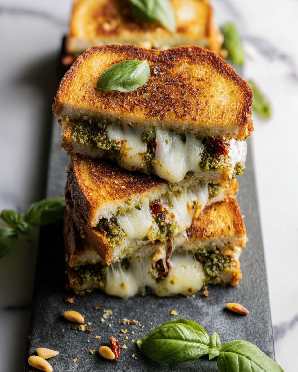 A tall stack of three grilled cheese sandwich halves is shown, each sandwich made of two thick slices of golden-brown toasted bread. Between the slices, there is a layer of melted white cheese that stretches and oozes out, mixed with a spread of green pesto sauce containing bits of herbs. Small pieces of sun-dried tomato add dark red spots inside the green and cheese layers. The sandwiches are stacked unevenly on a dark surface with a few pine nuts and fresh green basil leaves scattered around the base. The background is a soft blur with a white marbled texture. photo taken with an iphone --ar 4:5 --v 7