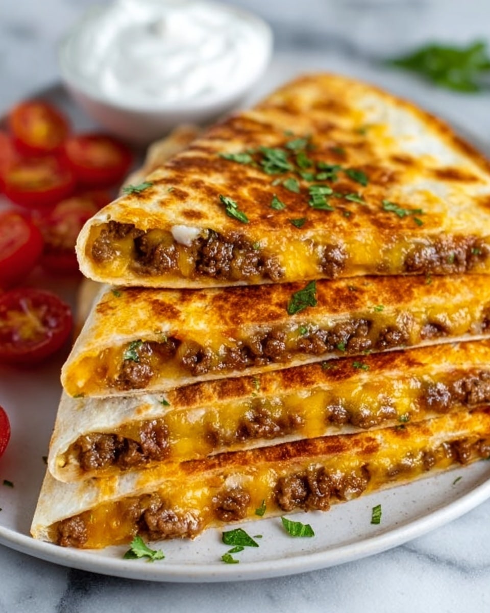 The image shows a quesadilla cut into three triangular layers stacked on a white plate. Each layer has a toasted golden brown tortilla on the outside with a crispy texture. Inside, there is melted yellow cheese and cooked brown ground beef mixed together, creating a gooey and savory filling. Small pieces of fresh green herbs are sprinkled on top of the stacked quesadilla. Around the plate, there are a few halved red cherry tomatoes and a small white bowl filled with white sour cream for dipping. The background is a white marbled surface. Photo taken with an iphone --ar 4:5 --v 7