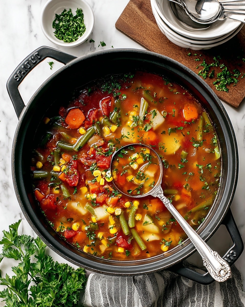 A black pot filled with clear vegetable soup containing a mix of chunky red tomatoes, orange carrot slices, green beans, peas, yellow corn, and white potato pieces, all floating in a light brown broth with green herbs sprinkled on top. A silver ladle is resting inside the pot. The pot is placed on a white marbled surface with some fresh green parsley on a wooden board to the side, a small white bowl with chopped green herbs above, and a stacked pair of white bowls with two silver spoons resting inside them nearby, along with a gray-striped cloth beneath the pot handle. photo taken with an iphone --ar 4:5 --v 7
