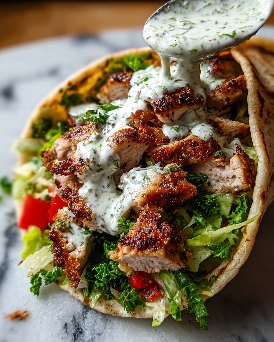 The image shows a white pita wrap filled with four layers: the bottom layer is bright red and green chopped vegetables, above that there is a layer of fresh green leafy herbs and lettuce; on top of that are chunks of grilled, browned chicken with crispy edges; finally, a creamy white sauce with green specks is being poured over the chicken from a spoon, some sauce dripping down the side. The pita wrap holds the layers tightly, and the background is a white marbled texture. photo taken with an iphone --ar 4:5 --v 7