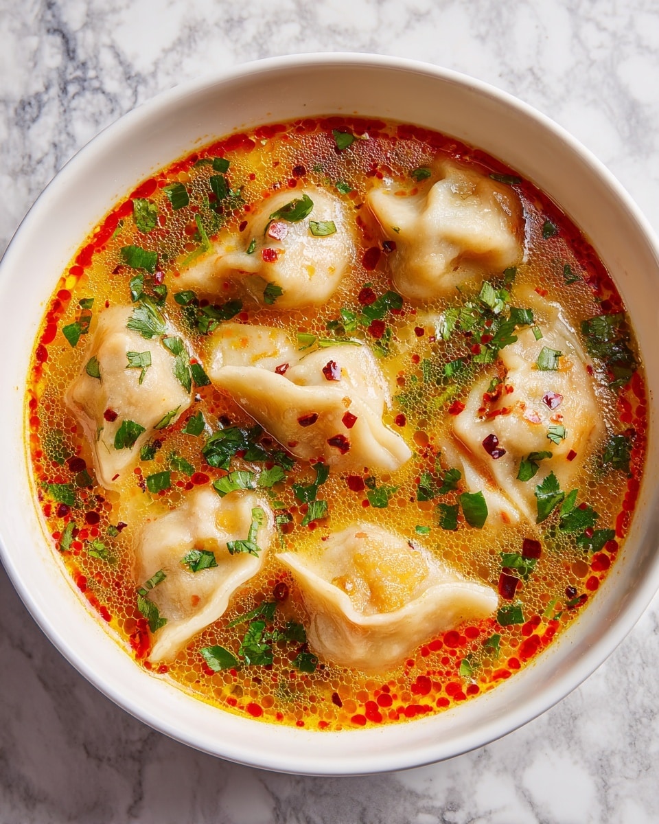 The image shows a bowl of spicy soup with five folded dumplings floating on top. The soup has an orange-red broth filled with small red chili oil droplets and finely chopped herbs like green onions and cilantro pieces scattered around. The dumplings are smooth and light beige, with visible folds and a slightly shiny surface. The bowl is white and rests on a white marbled texture. The bright colors of the broth and green herbs contrast with the soft dough color of the dumplings. photo taken with an iphone --ar 4:5 --v 7