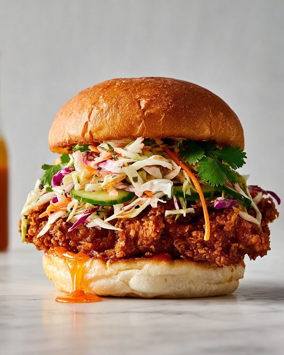 This image shows a fried chicken sandwich with four visible layers. The bottom layer is a soft, white bun that looks fluffy. On top of this is a thick layer of crispy, golden-brown fried chicken with a rough, crunchy texture. Over the chicken sits a fresh mix of shredded vegetables, including white cabbage, purple cabbage, orange carrot strips, and green cilantro leaves, adding a colorful and fresh look. There are also slices of green cucumber mixed in. The top layer is a shiny, golden-brown bun that looks soft and slightly glossy. Some orange sauce is dripping slightly from between the bottom bun and the fried chicken. The sandwich sits on a white marbled surface with a smooth, clean background. Photo taken with an iphone --ar 4:5 --v 7