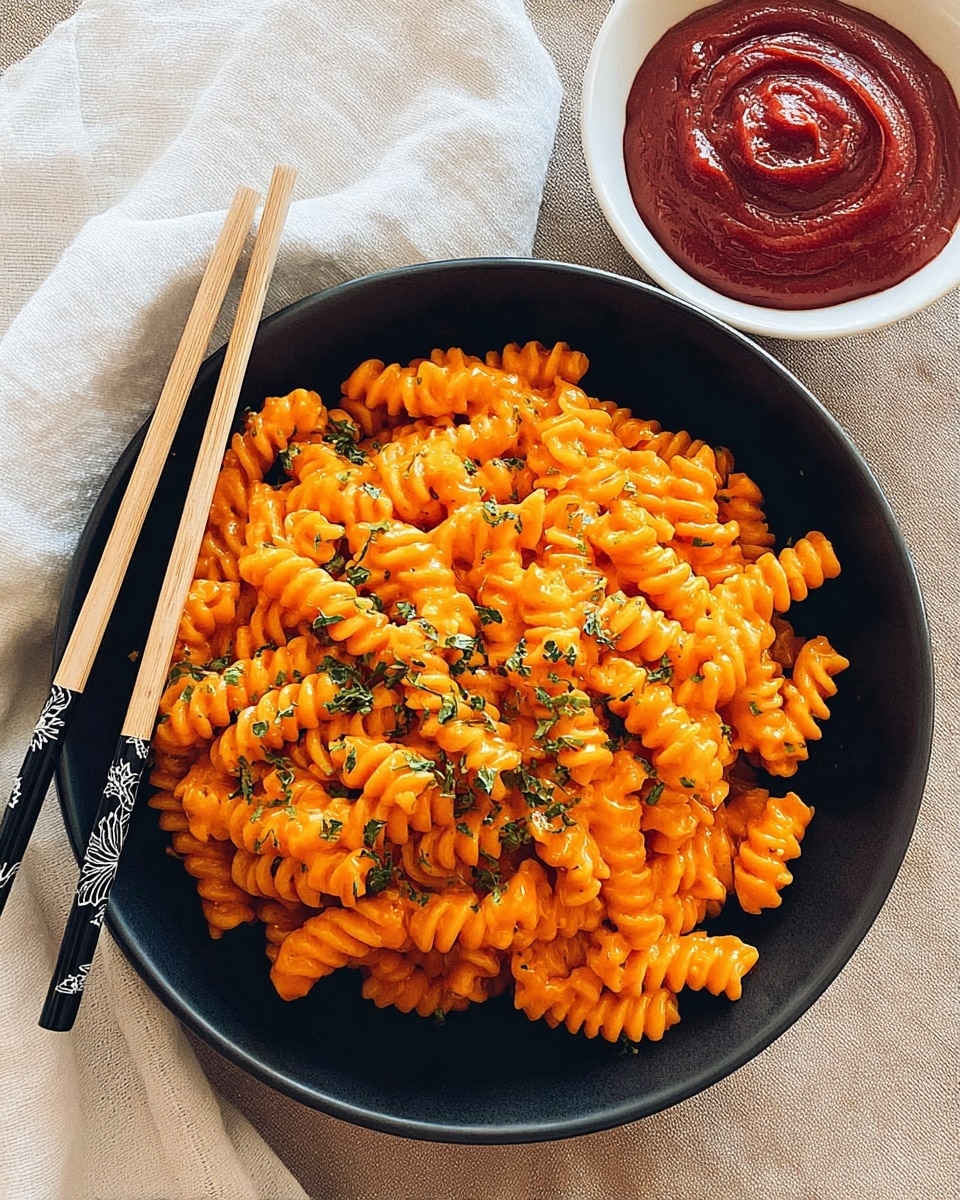 A black bowl filled with bright orange spiral pasta coated in a creamy sauce, garnished with small green herb leaves evenly spread on top. Next to the bowl, resting on its edge, are a pair of black and light wood chopsticks with a decorative white pattern near the top. In the upper right side of the image is a small white bowl containing a thick, deep red sauce with a smooth, swirled surface. The setting features a beige surface partly covered by a white cloth. photo taken with an iphone --ar 4:5 --v 7